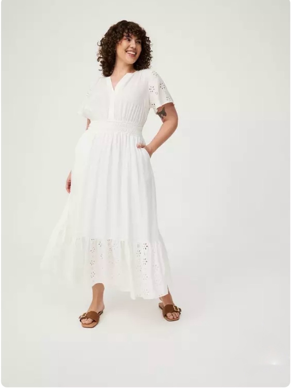 torrid White Eyelet A-Line Maxi Challis Dress with Smocked Waist - Size 1 / XL